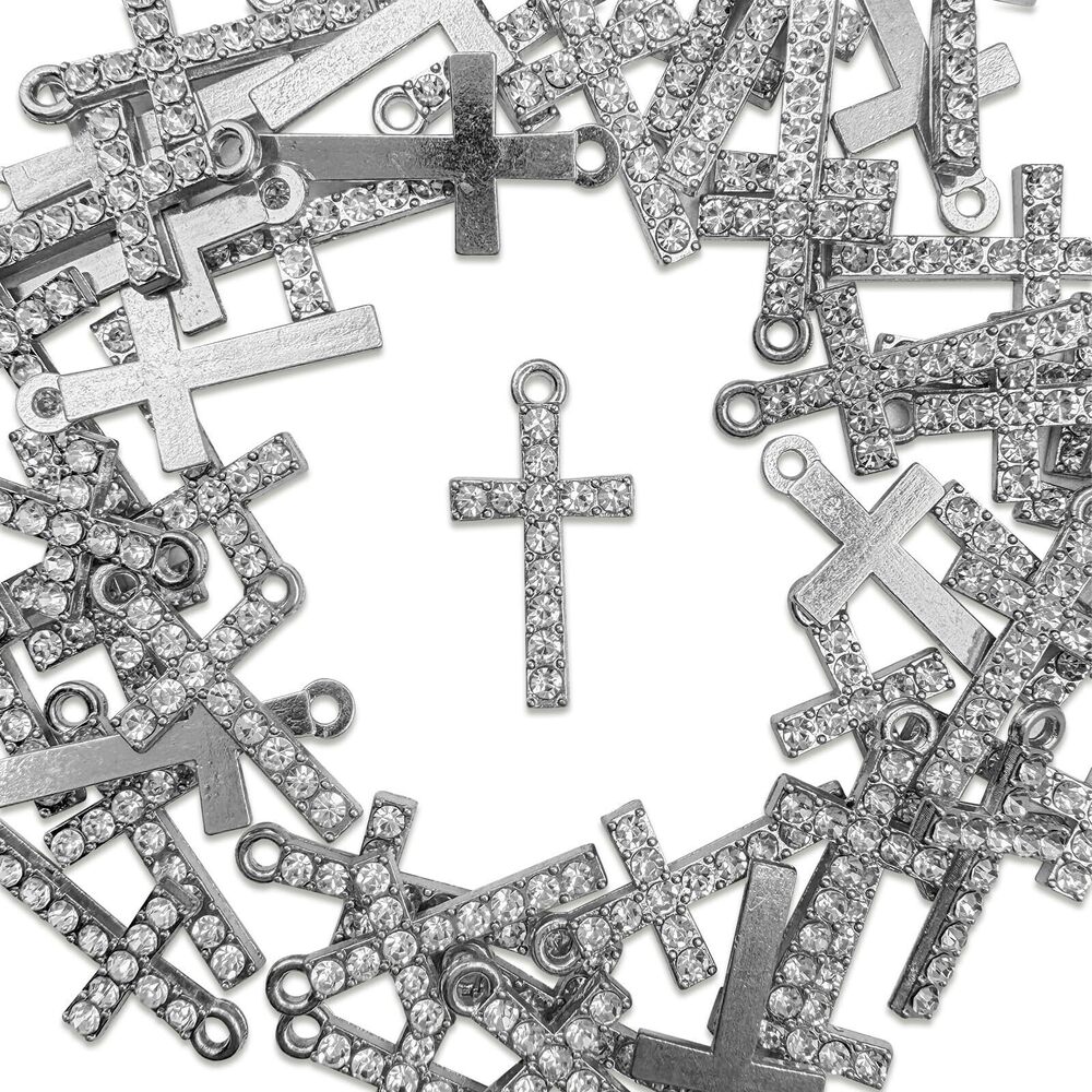 3958 50Pcs Cross Rosary Charms Crystal Zircon Pendants Silver Plated Alloy